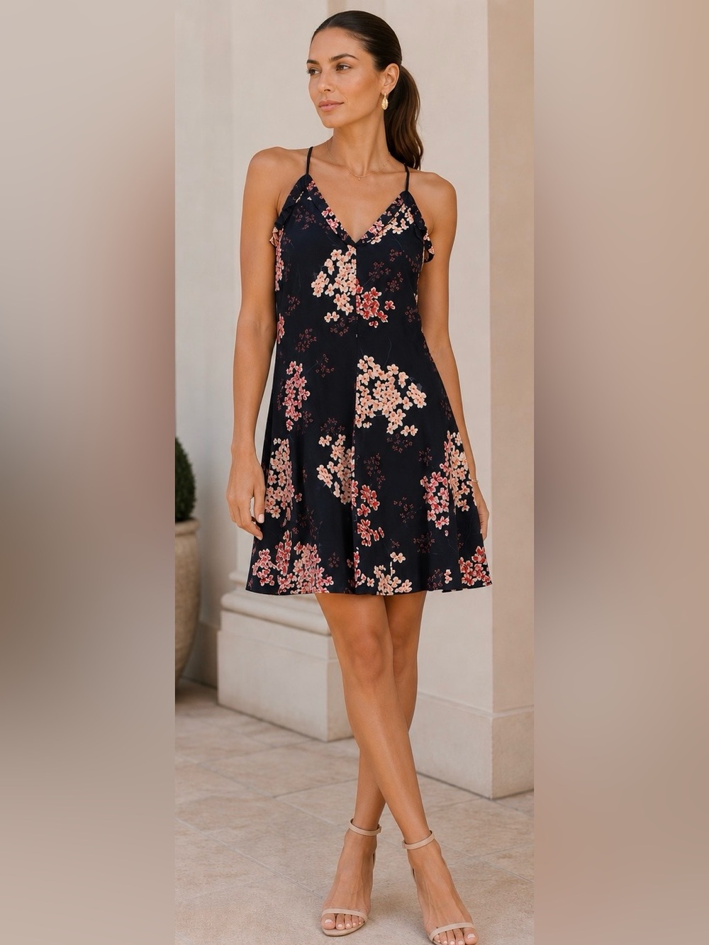 Rebecca Taylor  100% Silk Phlox Navy Floral Print Dress Size 4 Dainty Feminine